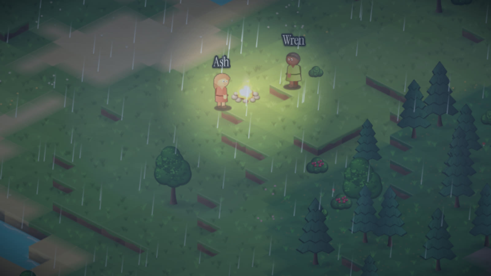 Night and rain: inhabitants stand on either side of the first fire they ever lit