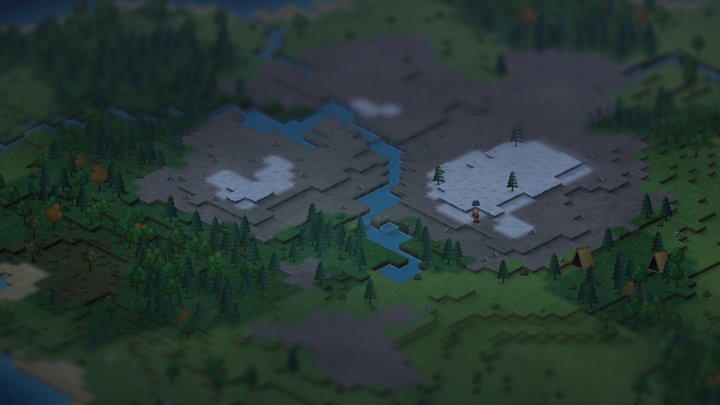The island of The Sentient World seen from above: forest, a river, open grassland and a shore